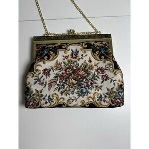 Vintage Floral Tapestry Handbag w/Gold Chain Strap Metal Frame Kiss Lock Closure